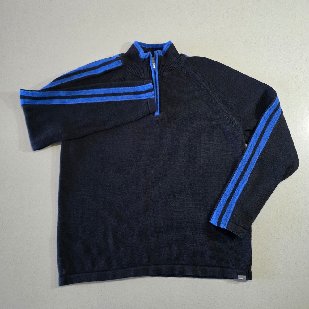 Eddie Bauer Mens Large Black Blue Stripe Quarter Zip Mock Neck Pullover Sweater